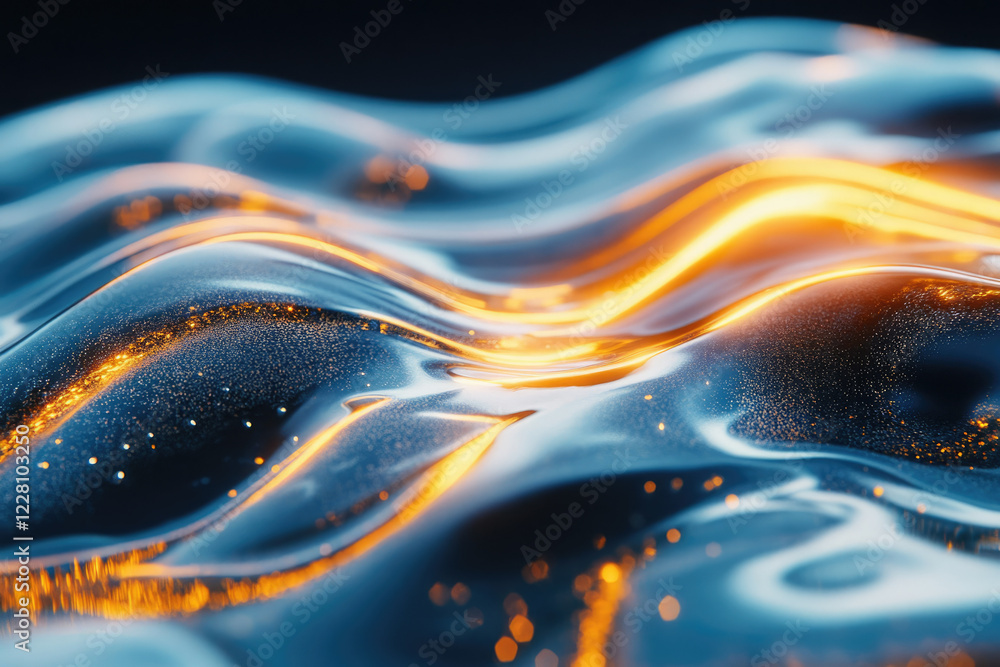 Poster abstract digital art depicting flowing, luminous blue and orange waves with sparkling particles.
