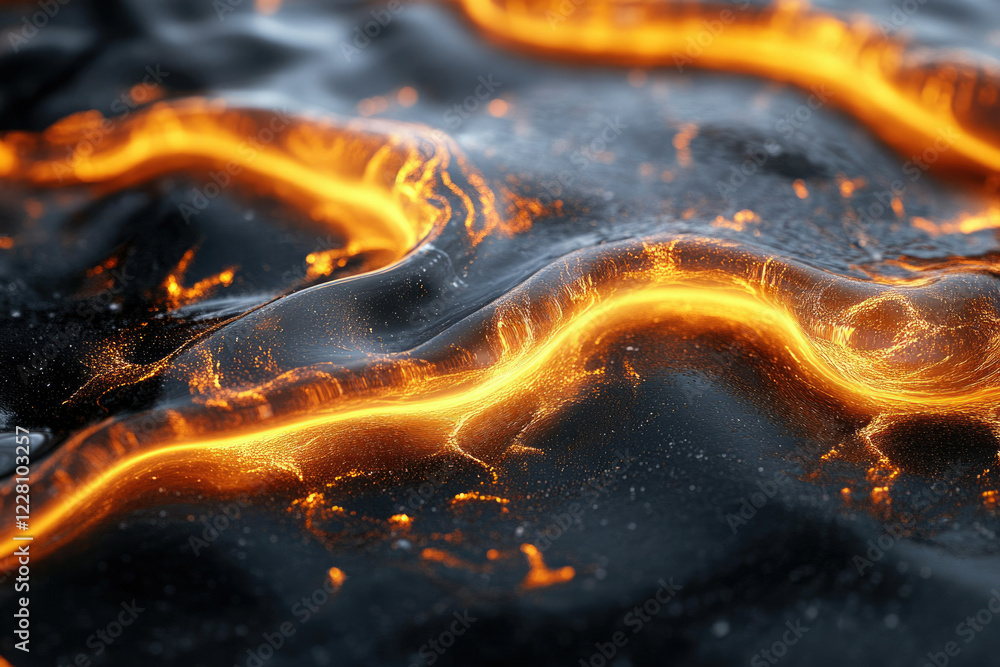 Poster glowing orange lava flows across a dark, textured surface, creating a mesmerizing, abstract scene.