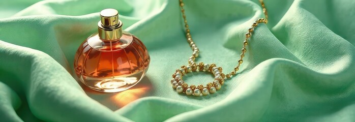 luxury perfume mock up, banner advertisement, on emerald background, jewelry, wedding day gift, valentines gift