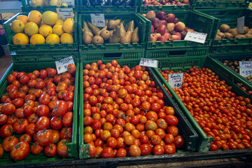 Fresh ripe organic red Canarian tomatoes vegetables on farmers market on Tenerife, Canary islands, Spain, local grown farmers products