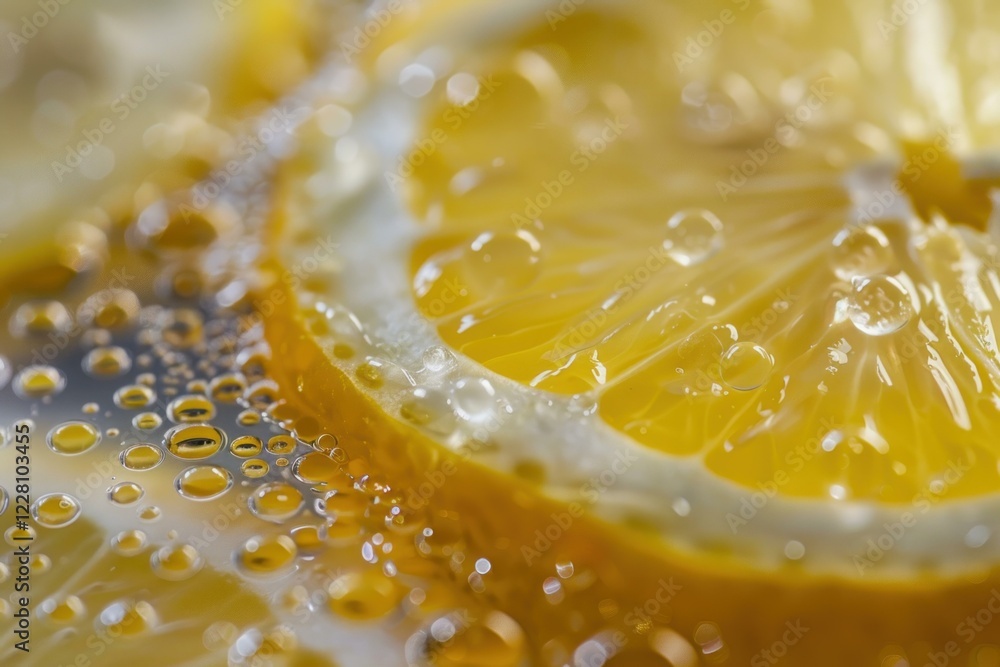 Poster close up of a lemon slice submerged in sparkling water, creating a refreshing and visually appealing