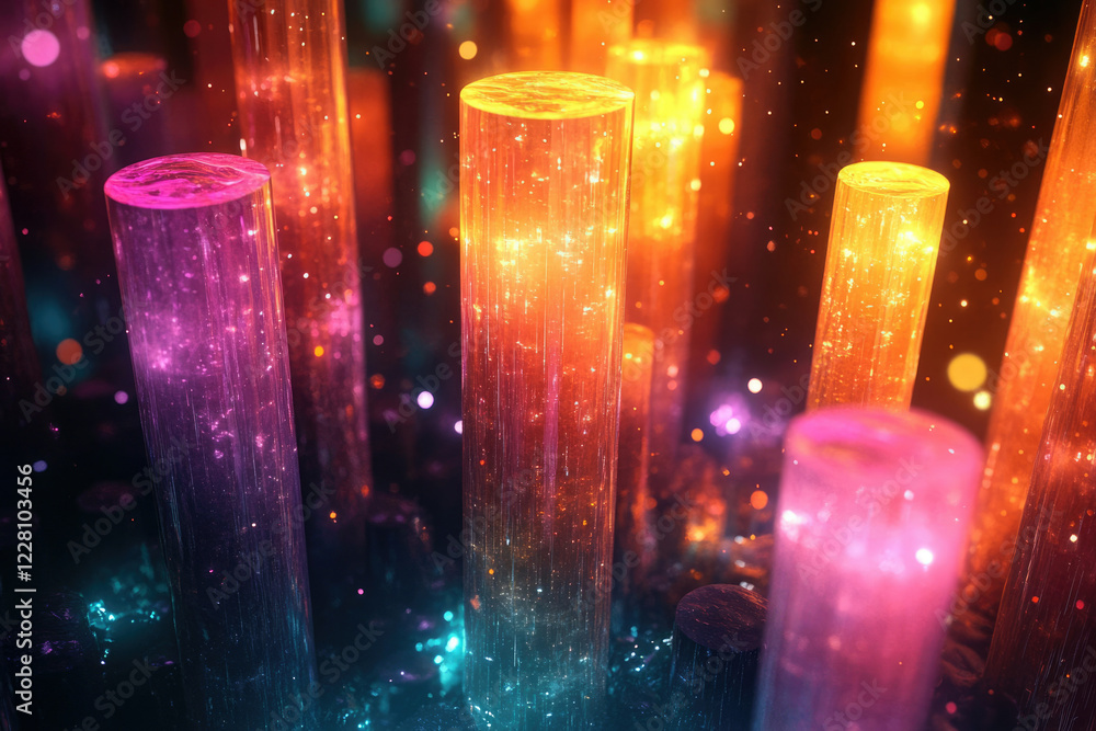 Poster glowing, translucent columns of vibrant colors rise from a dark, textured base, creating a mesmerizi