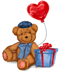 Handdrawn valentines day set, romantic elements. Plush teddy bear, red heart balloon, present box. Isolated teddy bear toy Valentine’s Day theme. 