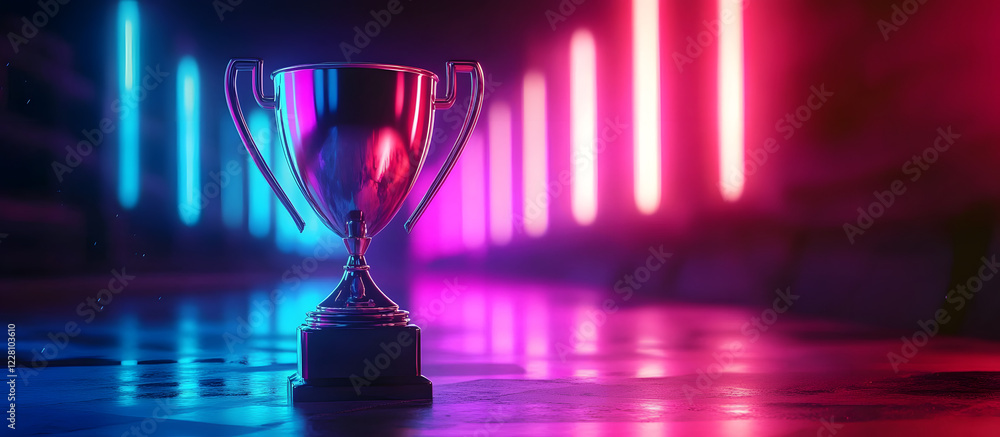 Poster neon trophy illuminated in vibrant colors creating a fantasy atmosphere with space for customized te