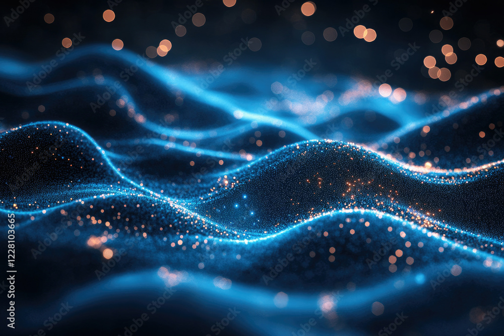 Poster Abstract blue wave of glowing particles with bokeh lights, creating a dynamic and futuristic scene.