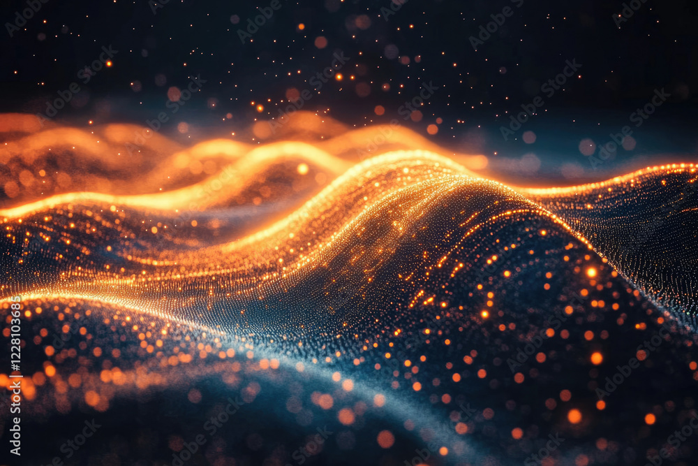 Poster Abstract digital landscape of glowing particles forming undulating waves in dark space.