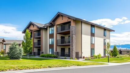 Modern Apartment Building with Landscaping and Blue Sky Background