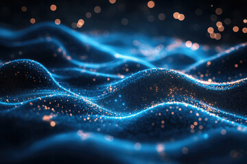Abstract blue wave of glowing particles with bokeh lights, creating a dynamic and futuristic scene.