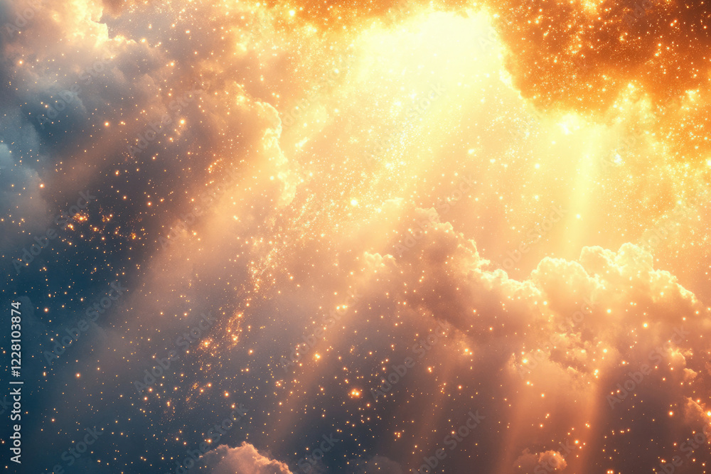 Poster golden celestial clouds with sparkling stars and radiant light beams, creating a heavenly scene.