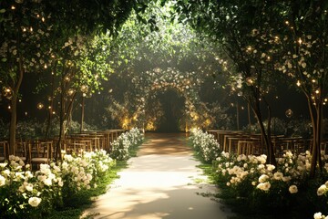 Romantic outdoor wedding ceremony setup in a lush green forest with a floral arch, white roses, and a sunlit aisle creating a magical and enchanting atmosphere