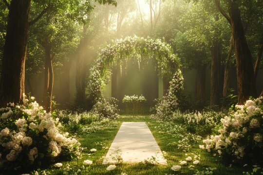 Romantic outdoor wedding ceremony setup in a lush green forest with a floral arch, white roses, and a sunlit aisle creating a magical and enchanting atmosphere