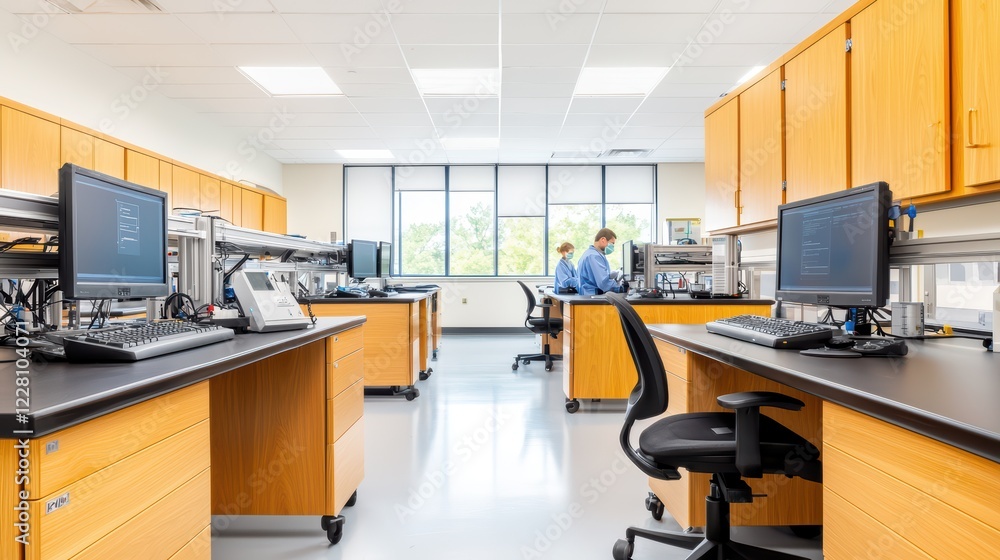 Aufkleber modern laboratory workspace with computers and professionals at work