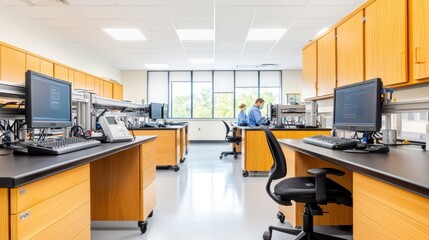 Modern Laboratory Workspace with Computers and Professionals at Work