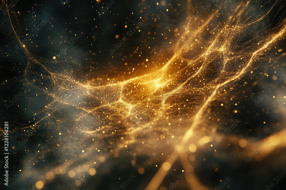 Poster golden cosmic web, glittering particles and nebulae forming a mesmerizing abstract background.