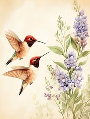 Naklejka premium Two hummingbird hovering near delicate purple flower in a serene, artistic botanical setting