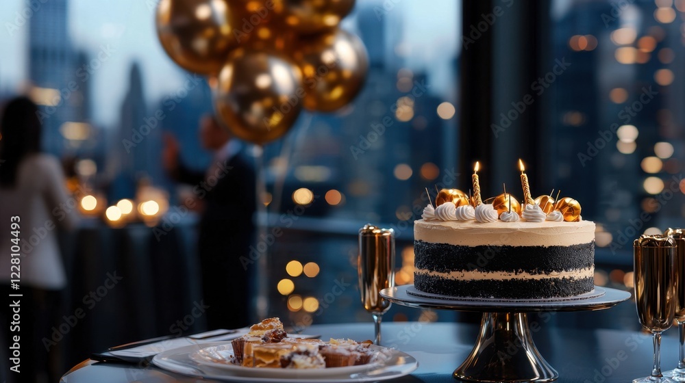 Poster a cake with candles on it is on a table in front of a city skyline