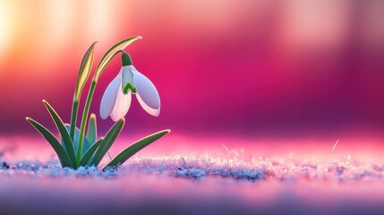 A delicate snowdrop flower emerges through the snow under a stunning sunset sky. Banner with copy space