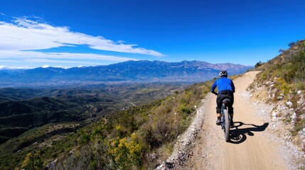 Obraz premium A man is riding a bike on a dirt road with a beautiful view of the mountains in