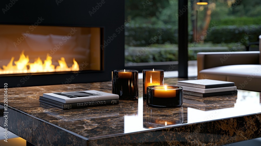 Poster a table with a fireplace and three candles on it