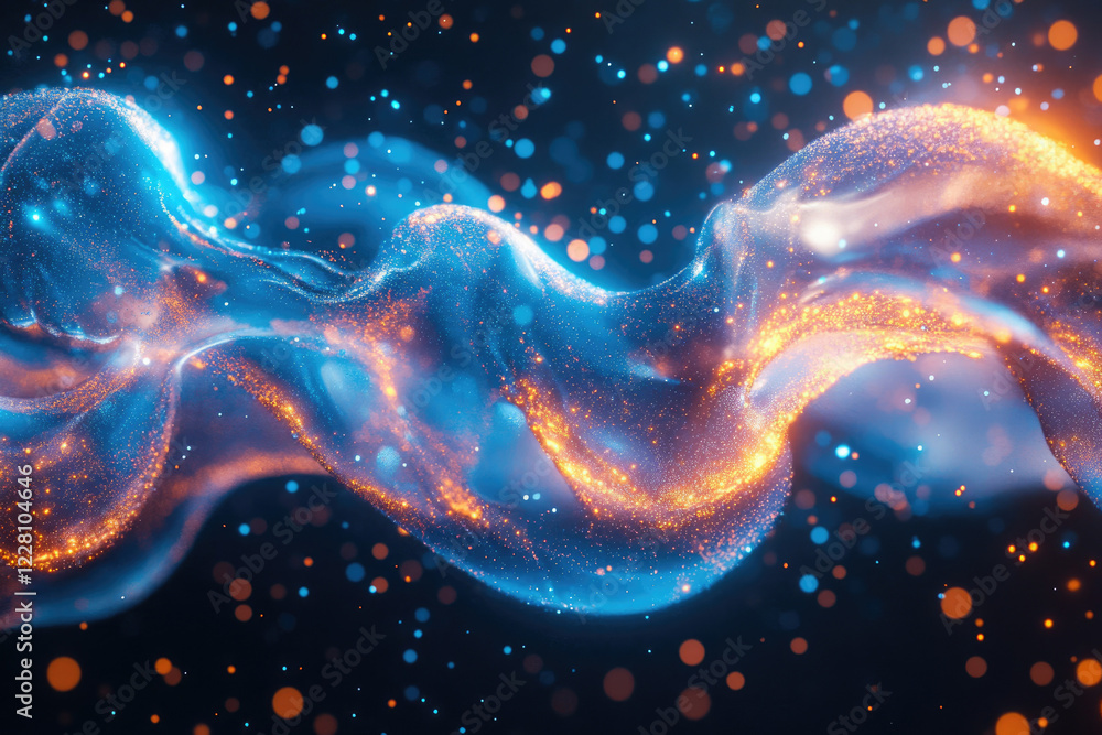 Poster Abstract blue and orange glowing particles flowing like a wave, creating a mesmerizing cosmic scene.
