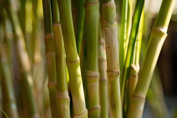 Fototapeta premium Bamboo stalks are growing close together, sunlight illuminating their green and tan colors