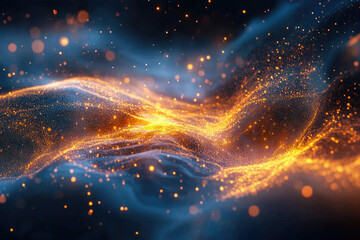 Obraz premium Abstract art depicting a glowing, undulating landscape of orange and blue particles.