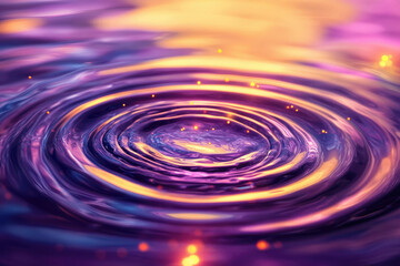 Vibrant purple and orange concentric ripples on water surface with sparkling lights.