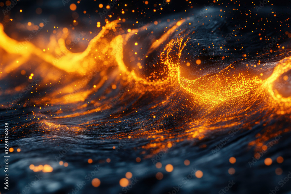 Poster Glowing particles form dynamic waves, creating an abstract, fiery, cosmic scene.