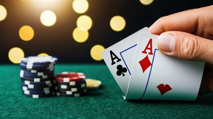 Obraz premium Close-Up of Playing Cards and Poker Chips on Green Table