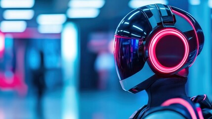 Obraz premium A figure in a glowing helmet and suit is showcased in an illuminated urban area at night