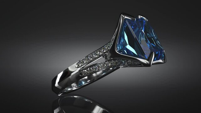 Rotation of white gold ring with blue gemstone and diamonds on black background. 3d animation loop