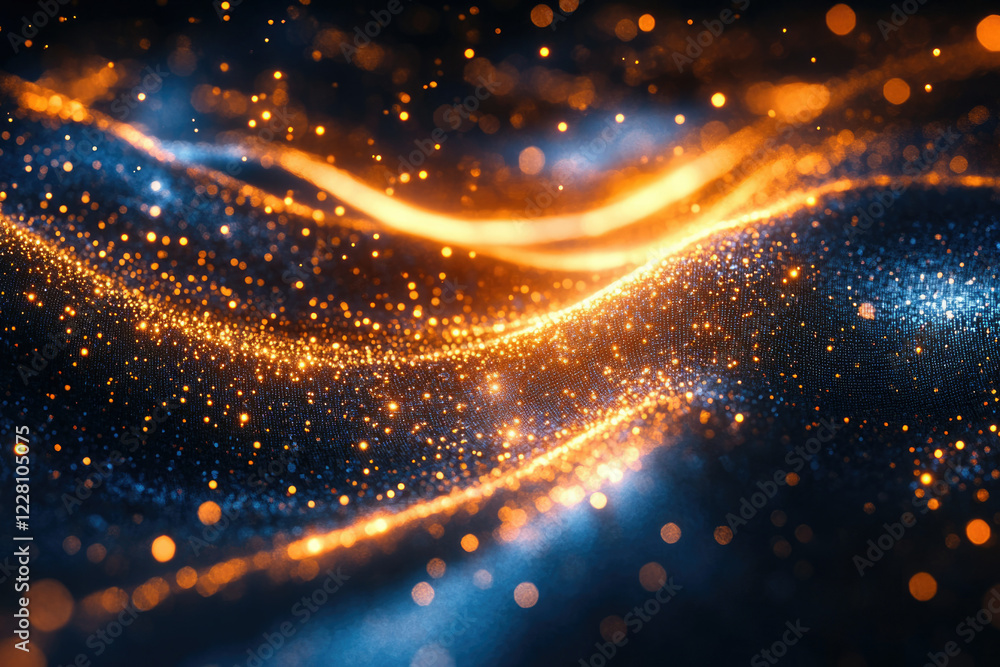 Poster abstract digital art depicting glowing particles forming undulating waves of blue and orange.