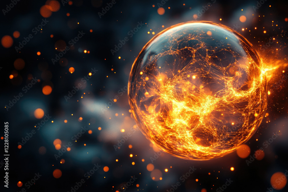 Poster Fiery energy sphere, glowing with intricate network of lines and sparks against a dark, bokeh background.