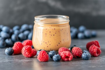 Nut butter sits in a jar with fresh blueberries and raspberries arranged around it