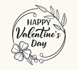 Obraz premium Happy Valentine's Day black and white floral wreath illustration