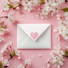 Valentine's day greeting card with envelope and cherry blossom on pink background
