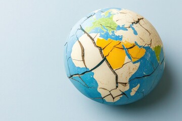 A cracked globe reveals the outlines of continents while symbolizing environmental challenges