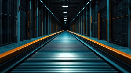 Fototapeta premium Dark Industrial Train Station with Metal Tracks and Neon Lights