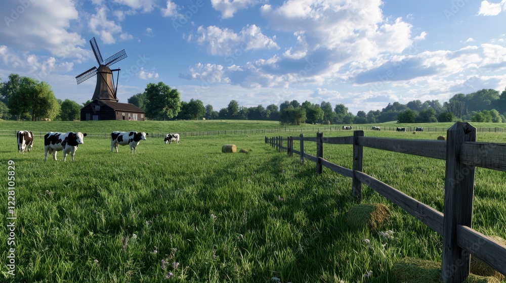 Poster a field with cows grazing and a windmill in the background