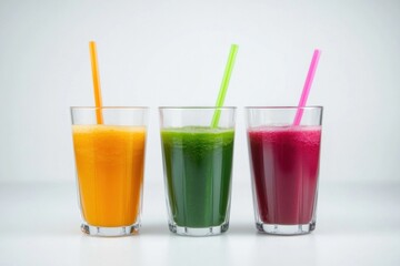 Three tall glasses filled with colorful juices stand on a light surface, each topped with a straw. Banner with copy space