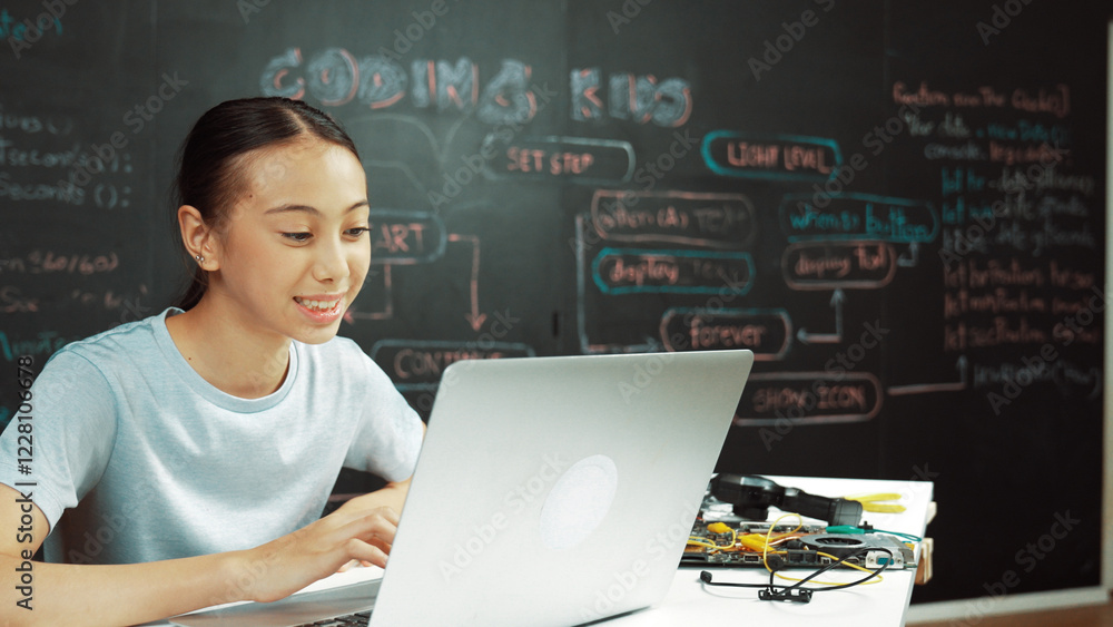 Poster smart girl programing system by using laptop at blackboard. highschool student writing engineering c
