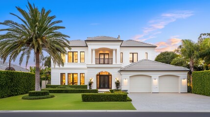 Elegant modern villa with palm trees and landscaped front yard