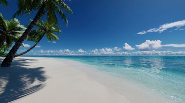 A beautiful beach with a palm tree in the foreground
