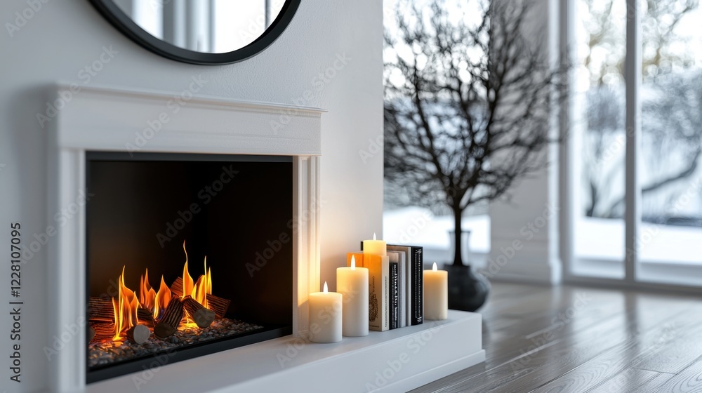 Poster a fireplace with a mirror above it and a tree in the background