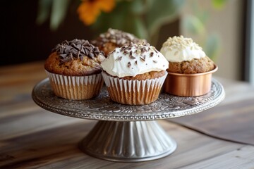 Colorful cupcakes topped with chocolate and cream frosting are presented on a decorative stand