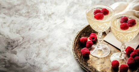 Naklejka premium Two elegant cocktails with raspberries on a decorative tray invite enjoyment. Banner with copy space