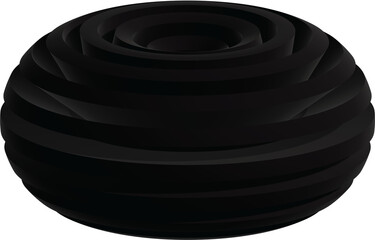 close up of black object on white background, abstract sculpture, round black helmet, round shape.