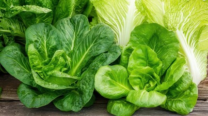 Fototapeta premium Fresh Green Lettuce Varieties on Wooden Table Background