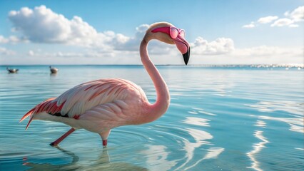 Fototapeta premium Flamingo in Funky Glasses Standing in Shallow Tropical Water