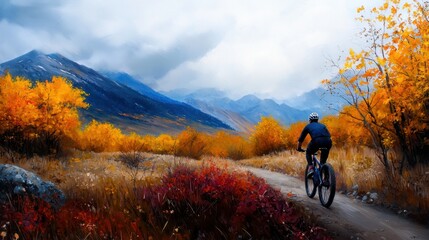 Obraz premium A man is riding a bike on a trail in the mountains
